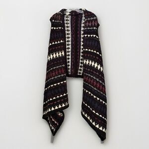 Boho Wool Sweater Knit Hi Lo Cardigan Vest Duster Ski Print Black White Pink MED